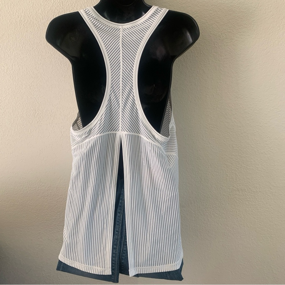 Lululemon Miles Ahead Tank Top Size 10 White Stripe Mesh Tie Back - Picture 8 of 11